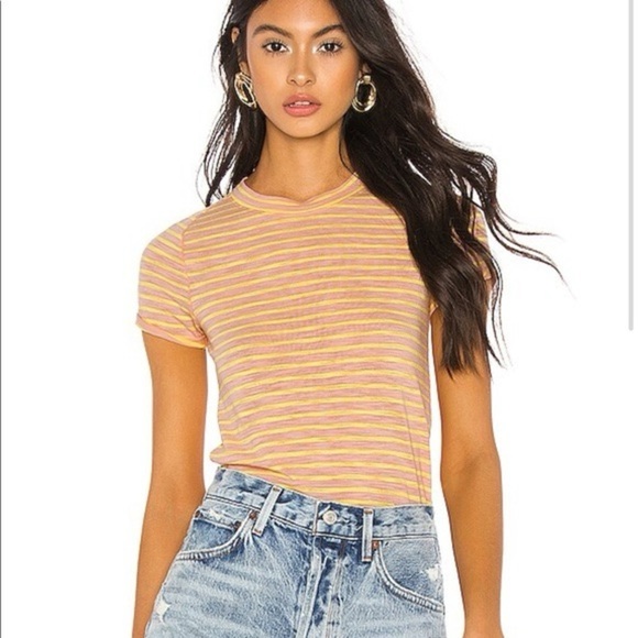 Free People Yellow and Pink Striped Short Sleeve Tee - Picture 1 of 4